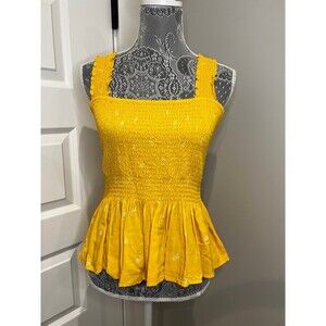 Elodie Peplum Smocked Tank Top Boho Daisy Floral Sleeveless Golden Yellow XL